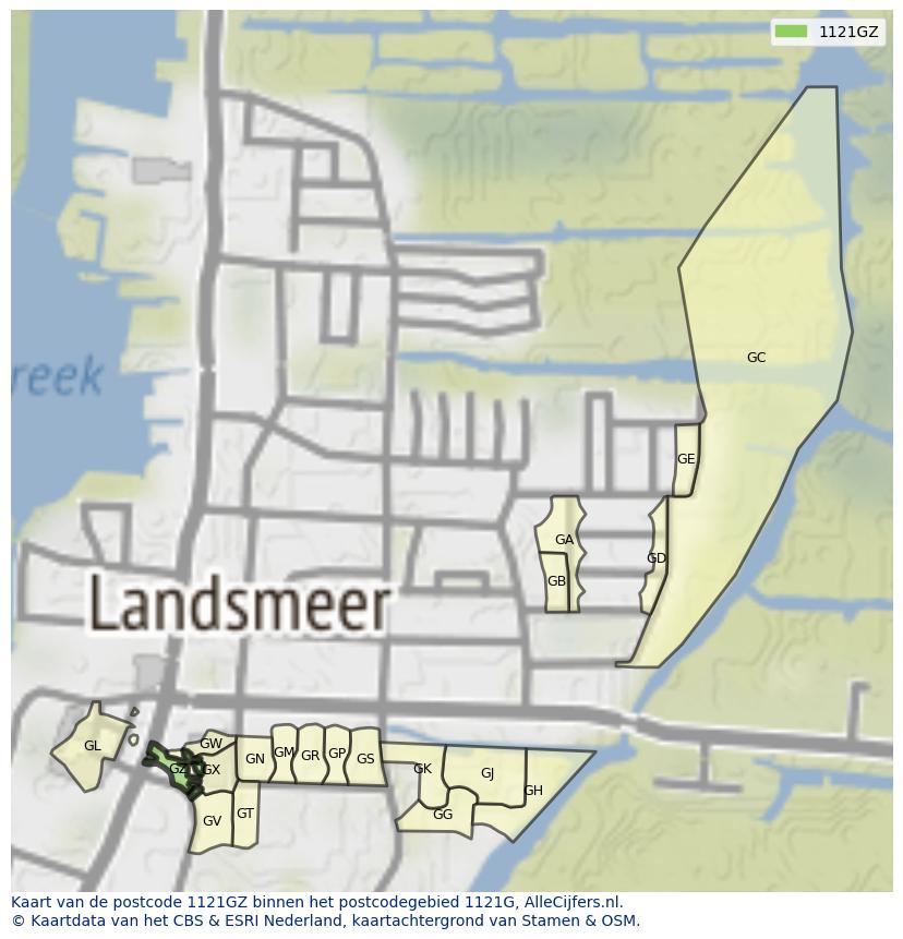 Afbeelding van het postcodegebied 1121 GZ op de kaart.