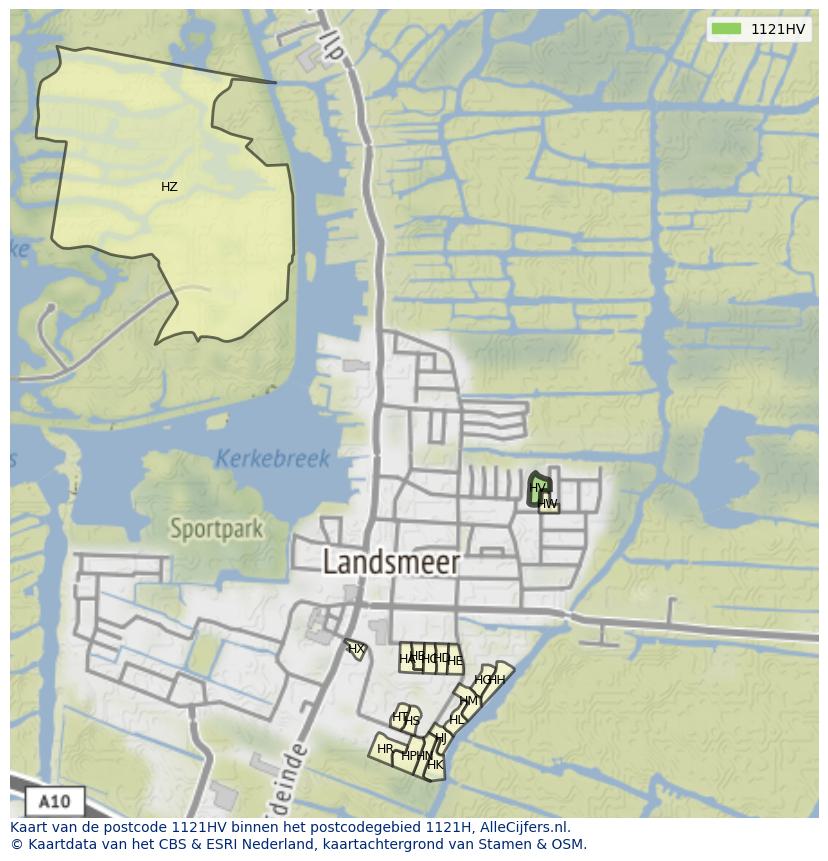Afbeelding van het postcodegebied 1121 HV op de kaart.