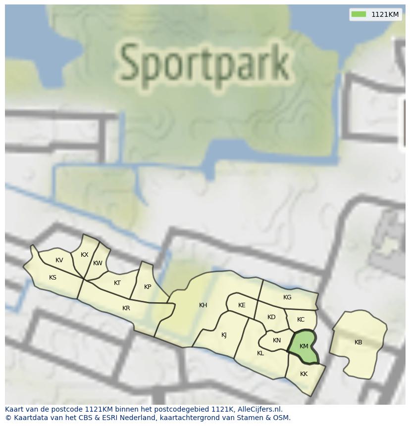 Afbeelding van het postcodegebied 1121 KM op de kaart.