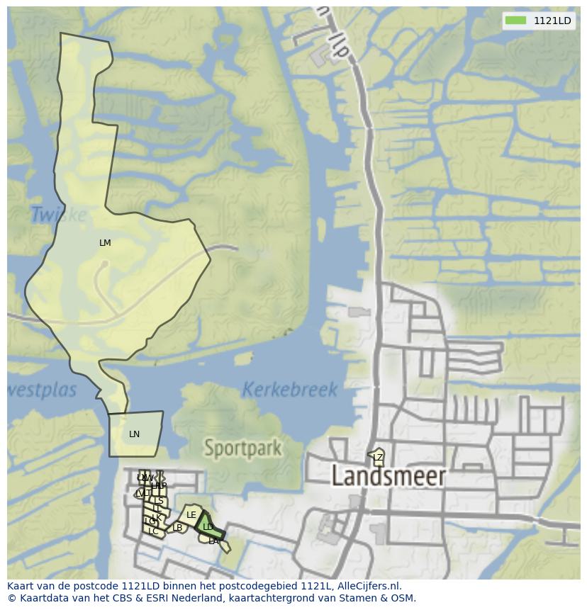 Afbeelding van het postcodegebied 1121 LD op de kaart.