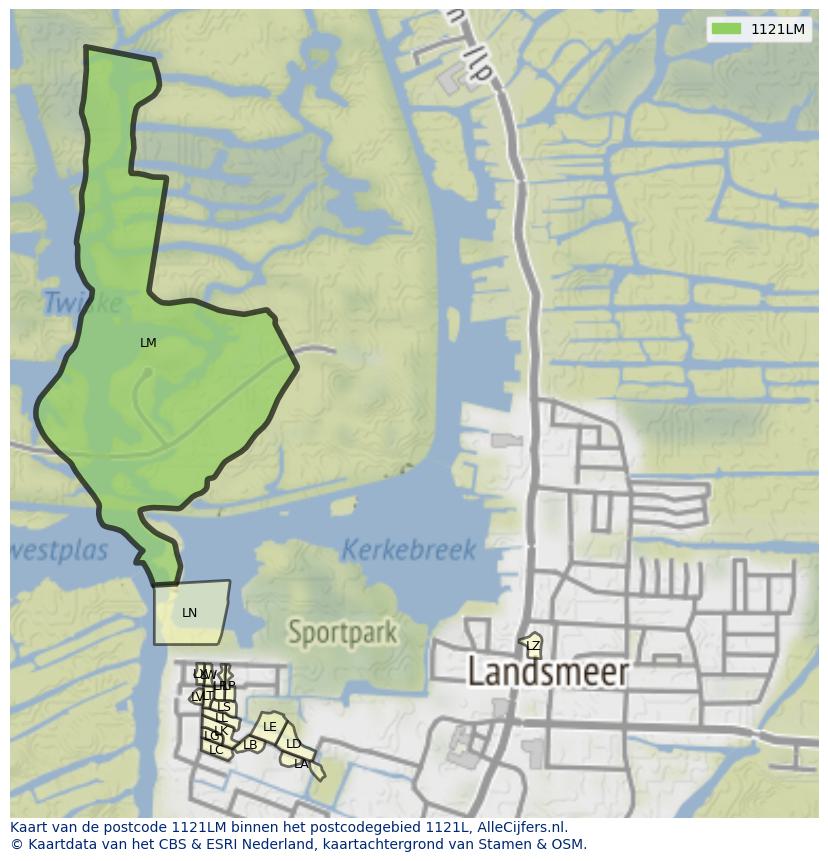 Afbeelding van het postcodegebied 1121 LM op de kaart.