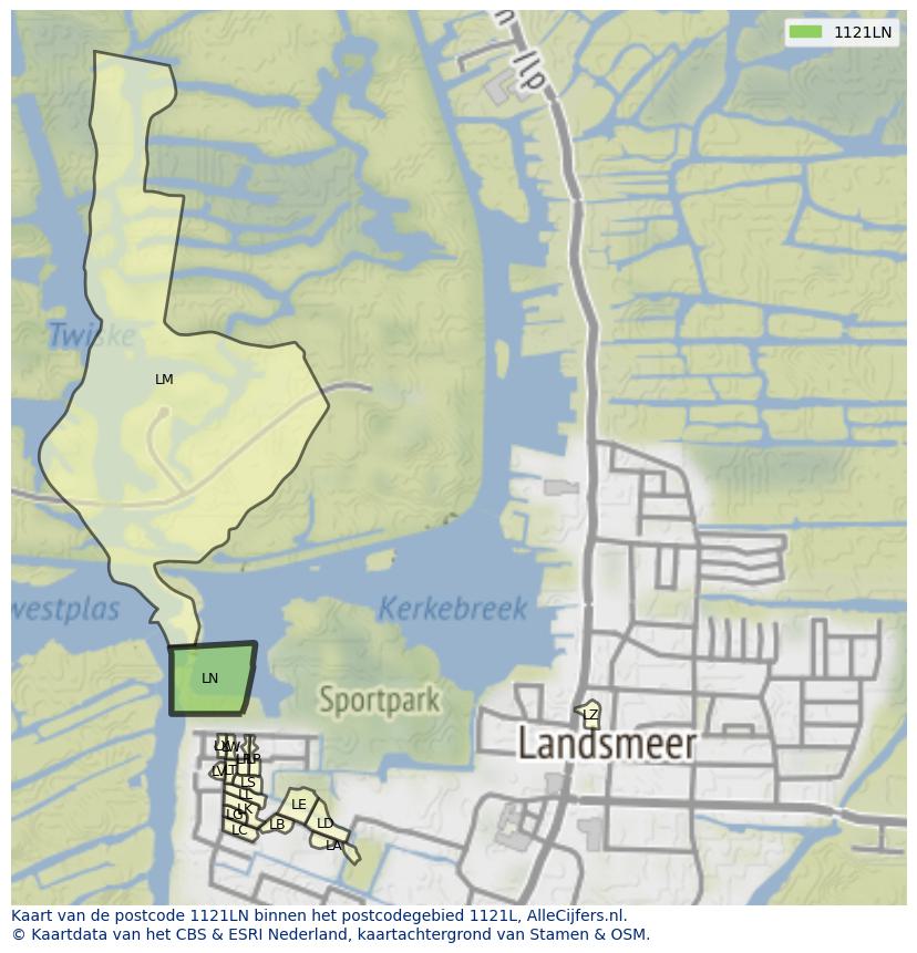 Afbeelding van het postcodegebied 1121 LN op de kaart.