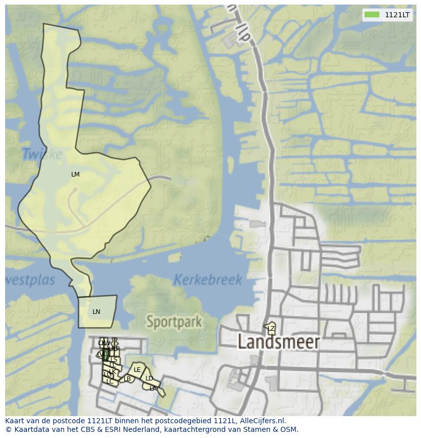 Afbeelding van het postcodegebied 1121 LT op de kaart.