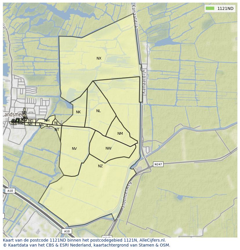 Afbeelding van het postcodegebied 1121 ND op de kaart.