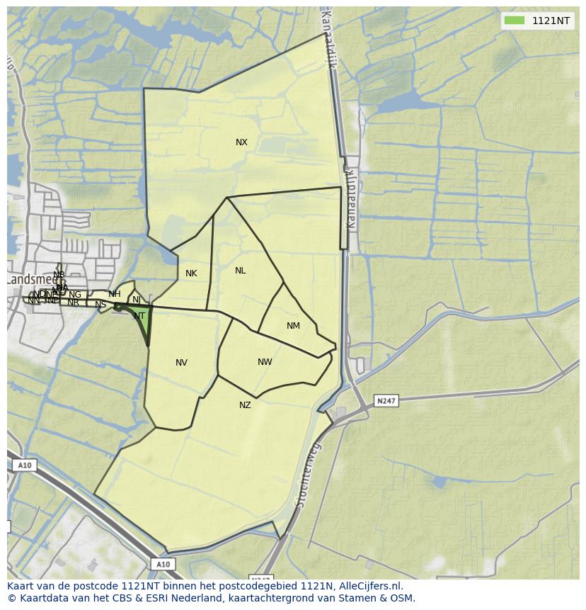 Afbeelding van het postcodegebied 1121 NT op de kaart.
