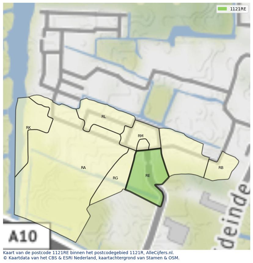 Afbeelding van het postcodegebied 1121 RE op de kaart.