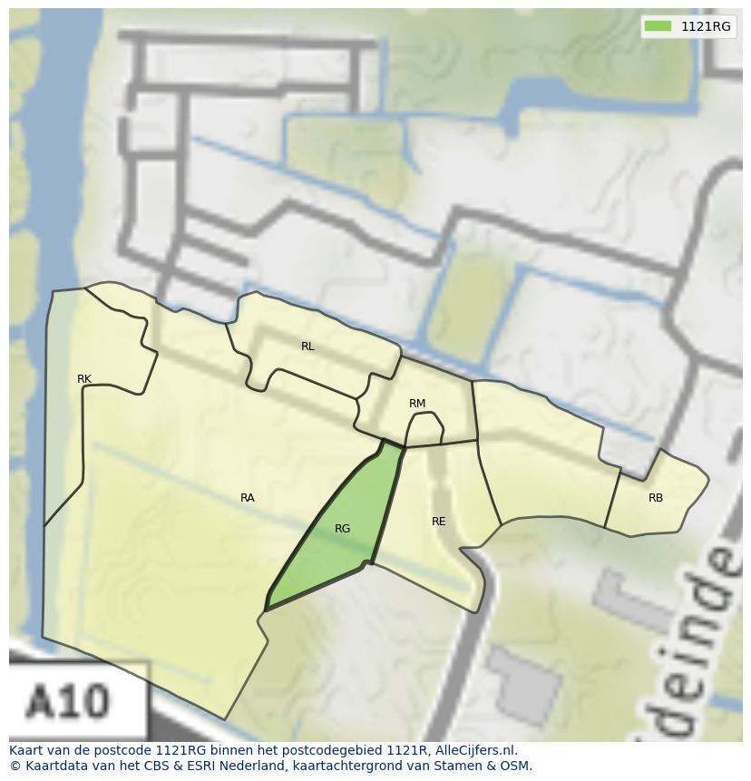 Afbeelding van het postcodegebied 1121 RG op de kaart.