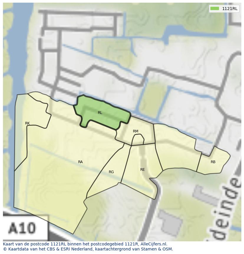 Afbeelding van het postcodegebied 1121 RL op de kaart.
