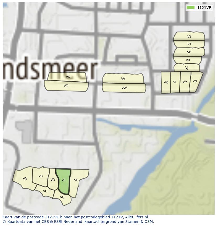 Afbeelding van het postcodegebied 1121 VE op de kaart.