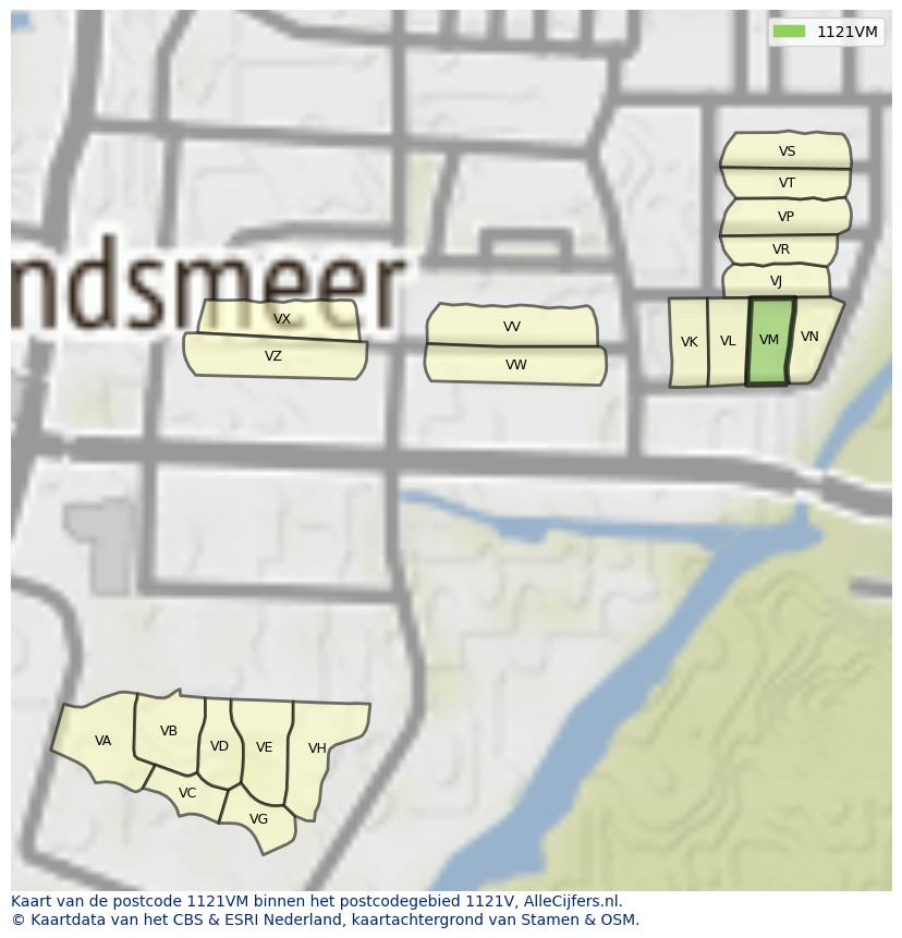 Afbeelding van het postcodegebied 1121 VM op de kaart.