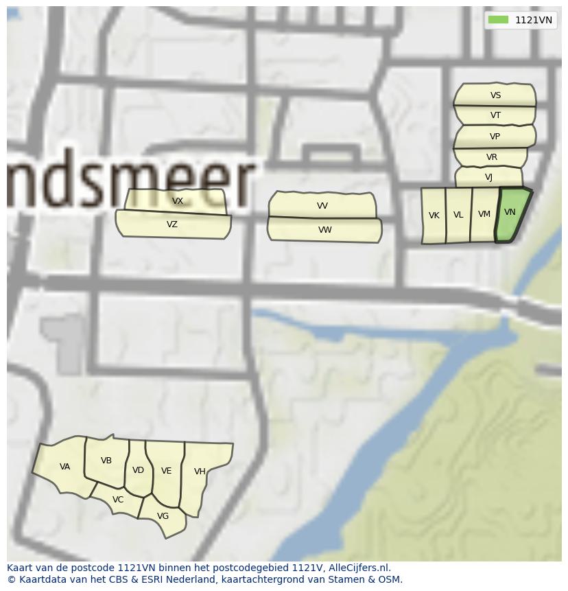 Afbeelding van het postcodegebied 1121 VN op de kaart.