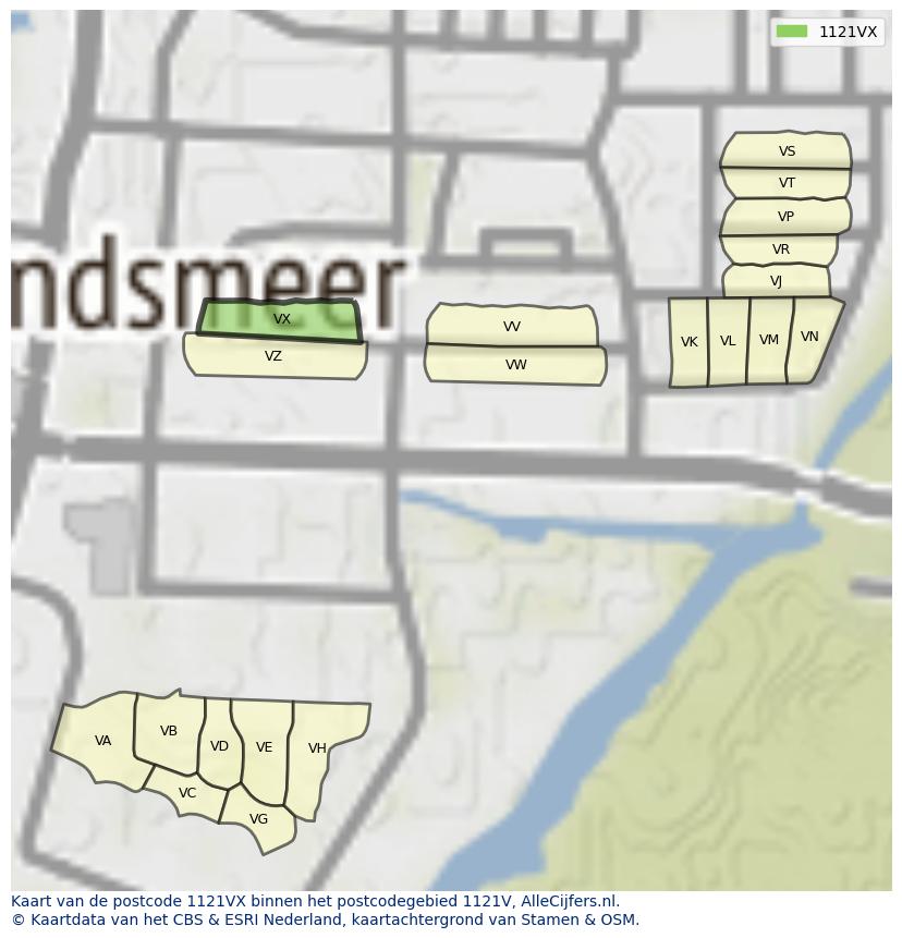 Afbeelding van het postcodegebied 1121 VX op de kaart.