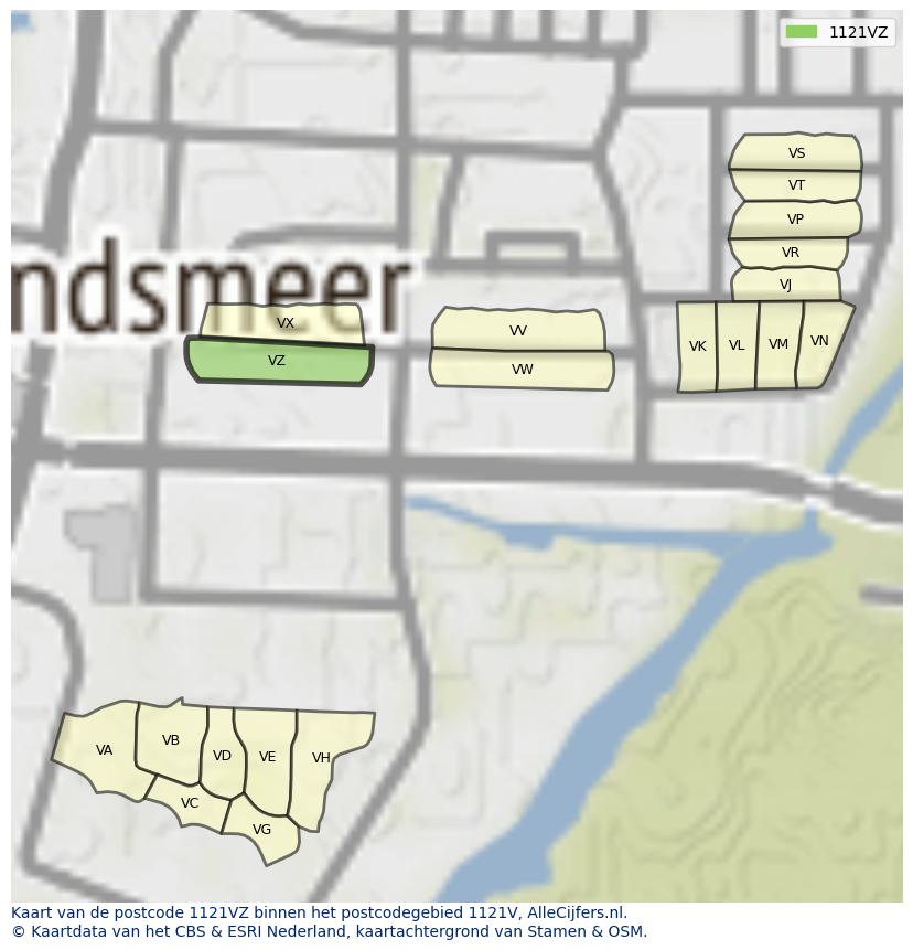 Afbeelding van het postcodegebied 1121 VZ op de kaart.