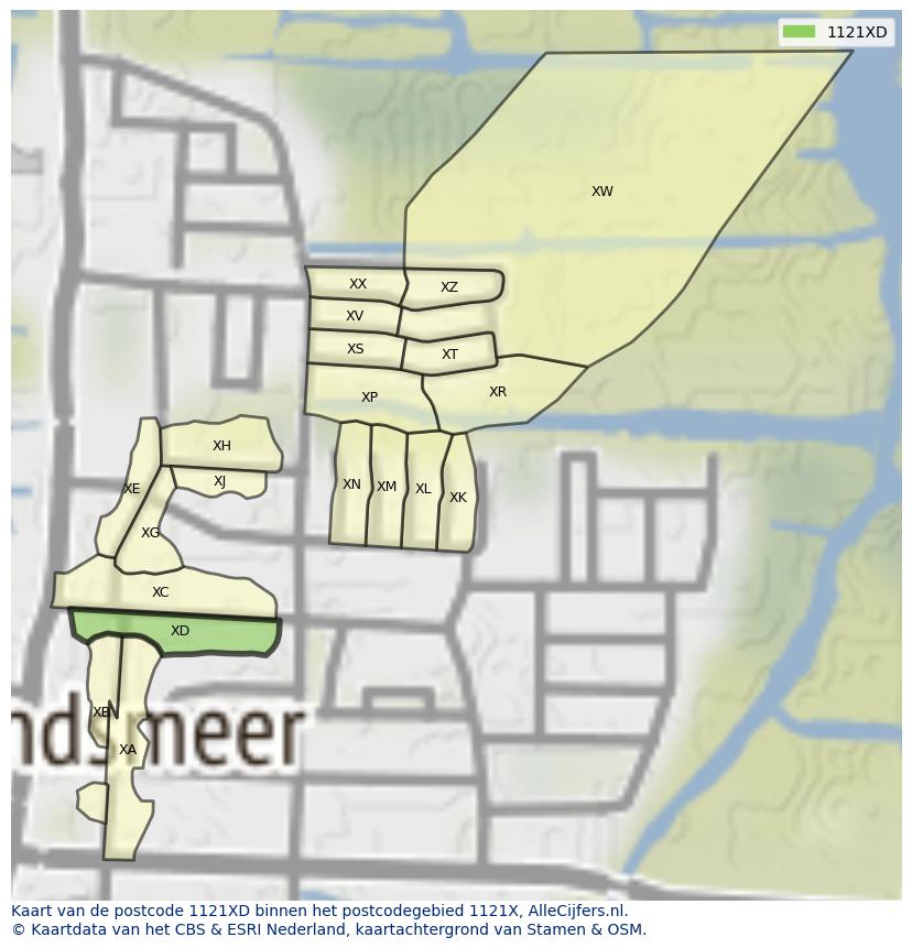 Afbeelding van het postcodegebied 1121 XD op de kaart.
