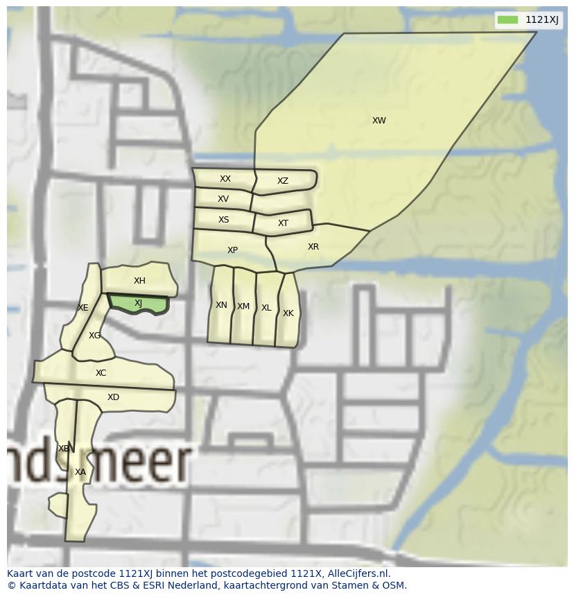 Afbeelding van het postcodegebied 1121 XJ op de kaart.