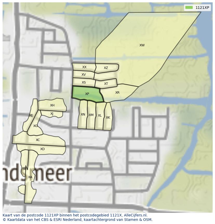 Afbeelding van het postcodegebied 1121 XP op de kaart.