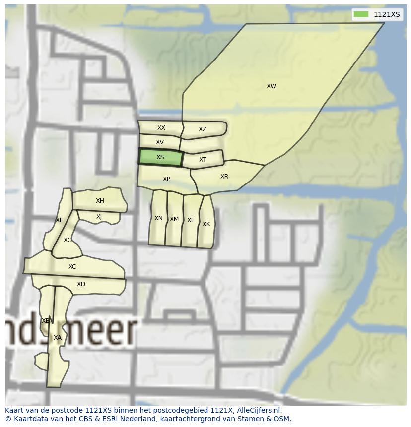 Afbeelding van het postcodegebied 1121 XS op de kaart.