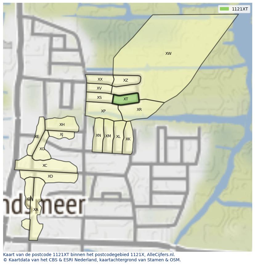 Afbeelding van het postcodegebied 1121 XT op de kaart.