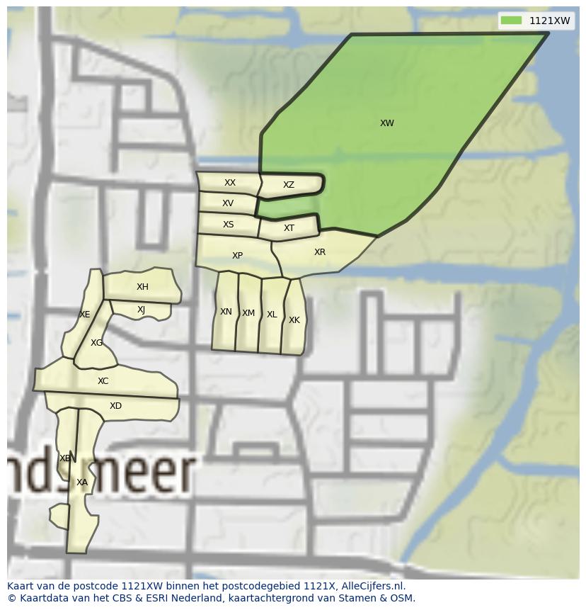 Afbeelding van het postcodegebied 1121 XW op de kaart.