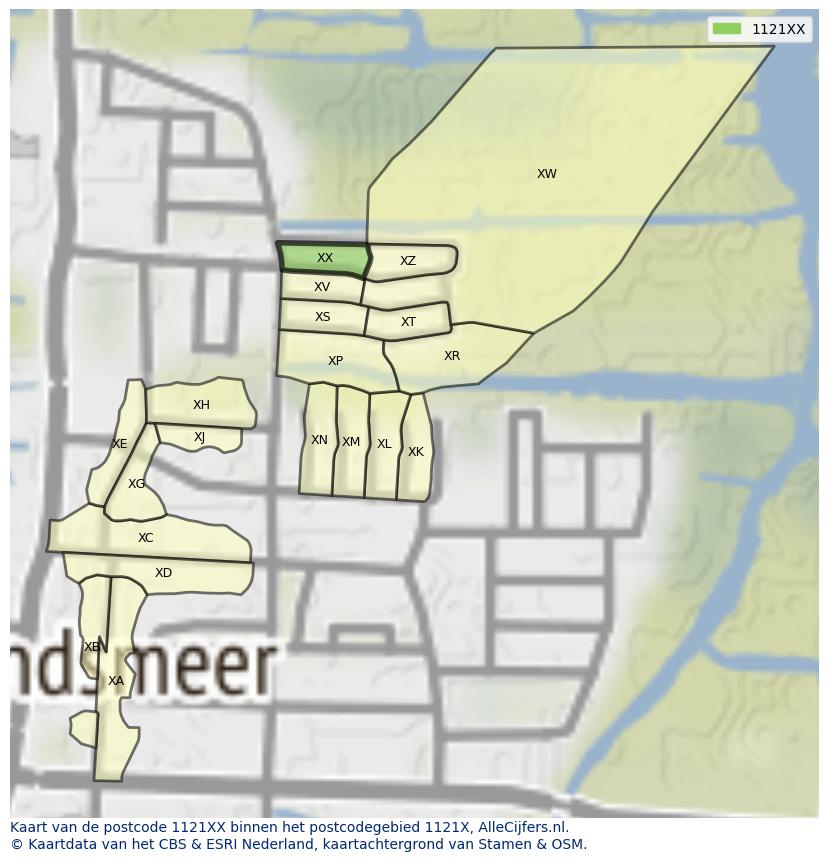Afbeelding van het postcodegebied 1121 XX op de kaart.