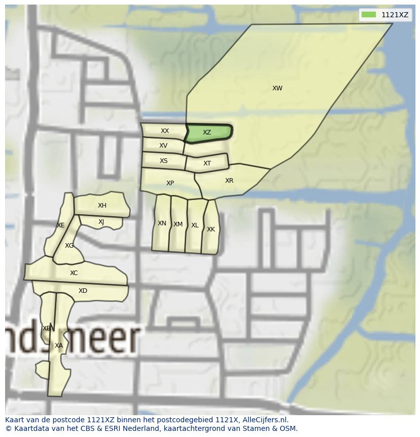 Afbeelding van het postcodegebied 1121 XZ op de kaart.