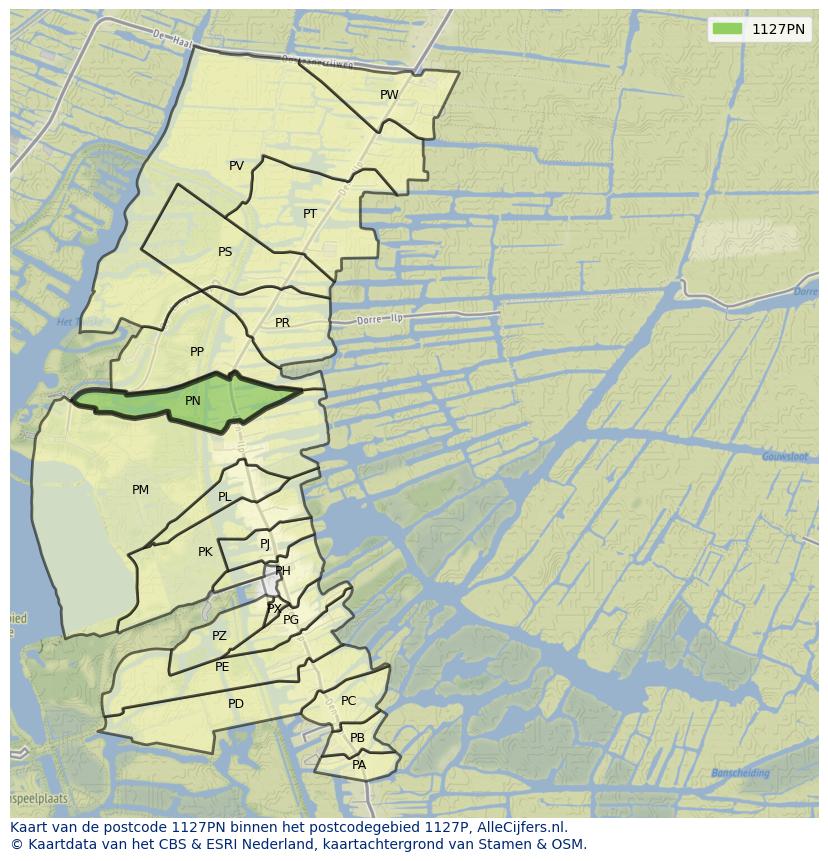 Afbeelding van het postcodegebied 1127 PN op de kaart.