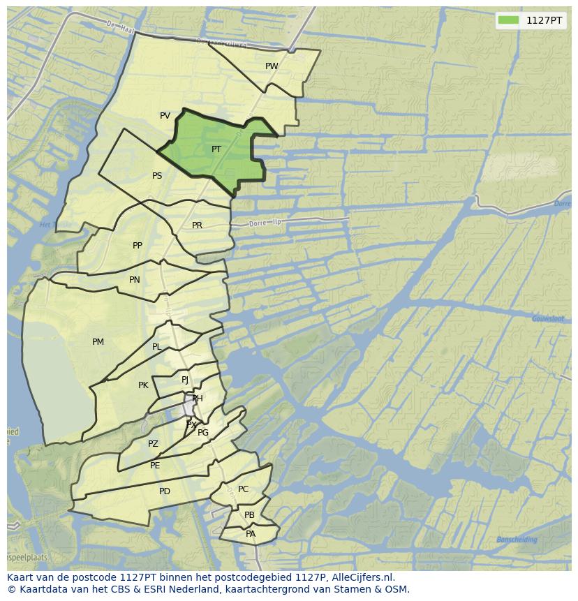 Afbeelding van het postcodegebied 1127 PT op de kaart.