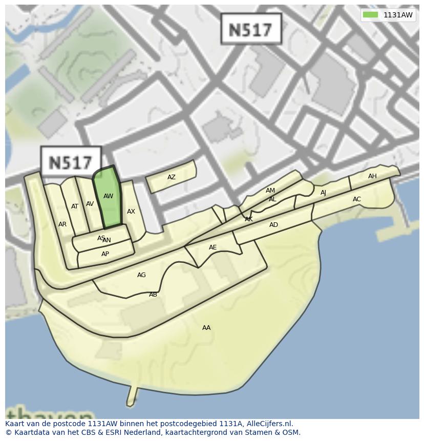 Afbeelding van het postcodegebied 1131 AW op de kaart.