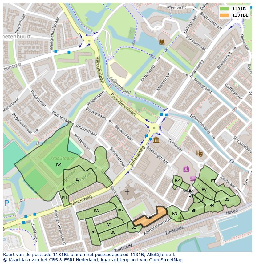 Afbeelding van het postcodegebied 1131 BL op de kaart.