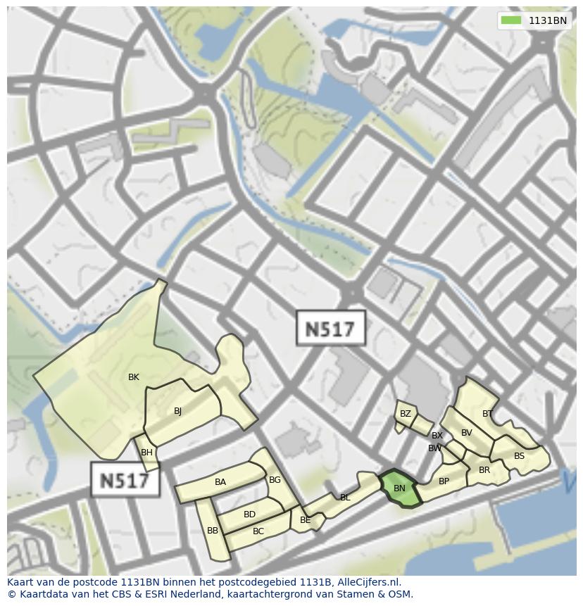Afbeelding van het postcodegebied 1131 BN op de kaart.
