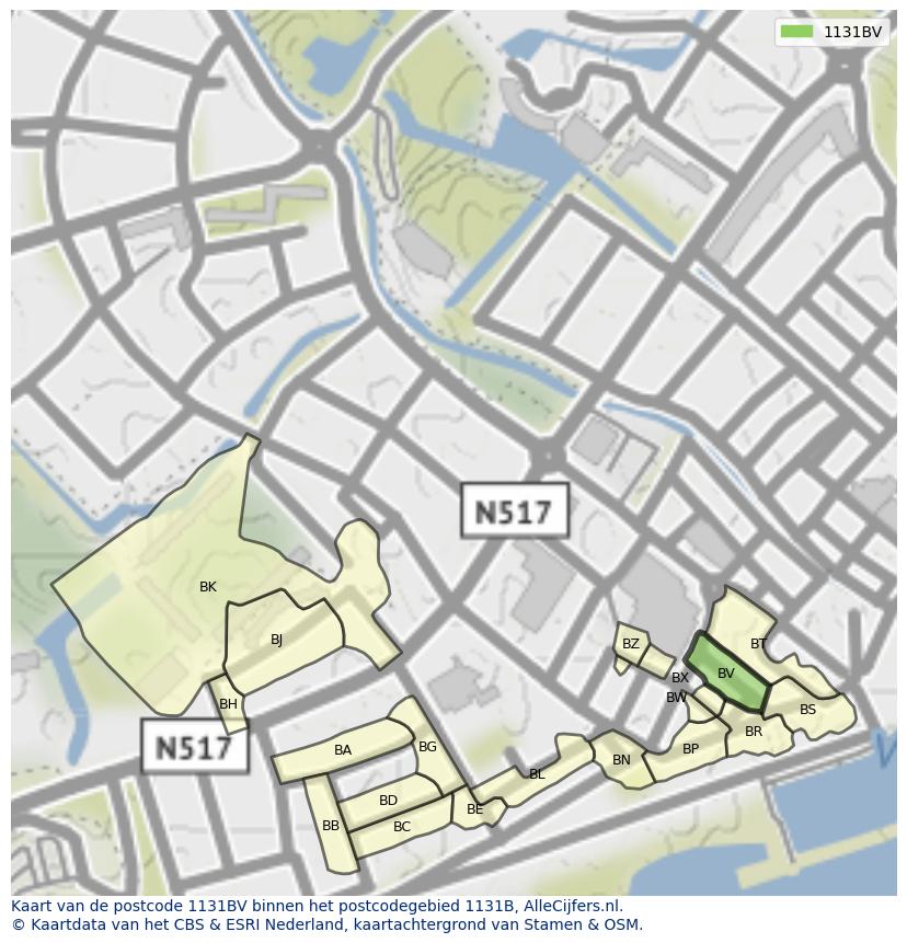 Afbeelding van het postcodegebied 1131 BV op de kaart.