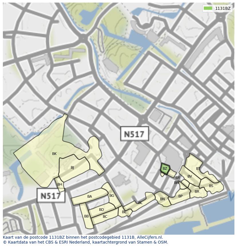 Afbeelding van het postcodegebied 1131 BZ op de kaart.