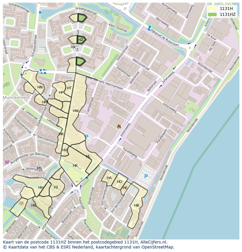Afbeelding van het postcodegebied 1131 HZ op de kaart.