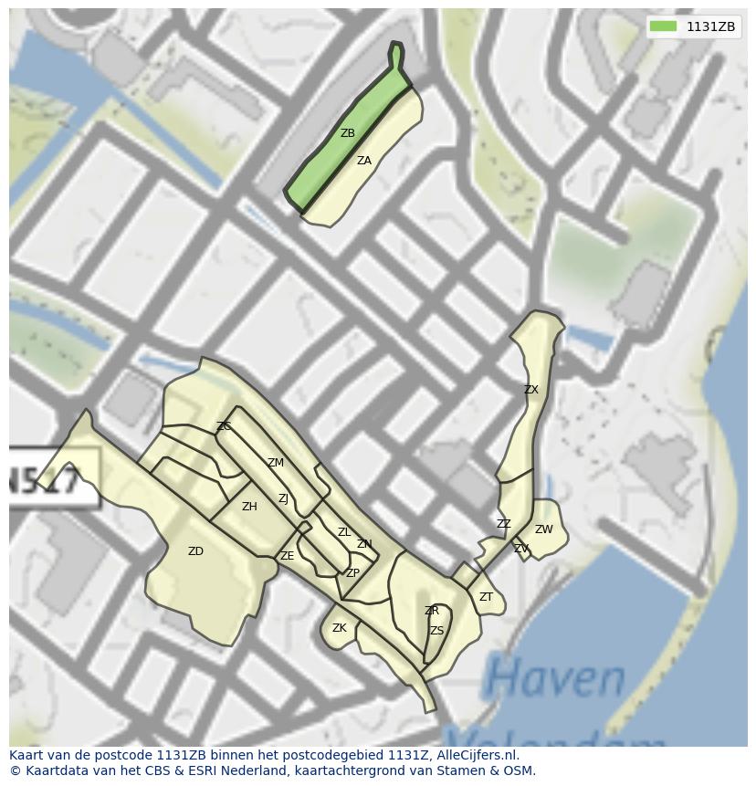 Afbeelding van het postcodegebied 1131 ZB op de kaart.