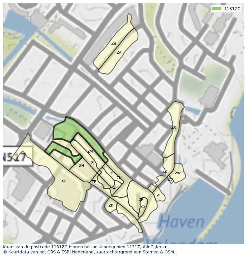 Afbeelding van het postcodegebied 1131 ZC op de kaart.