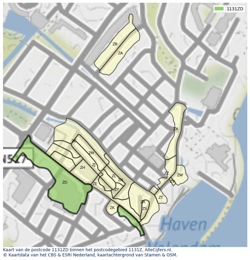Afbeelding van het postcodegebied 1131 ZD op de kaart.
