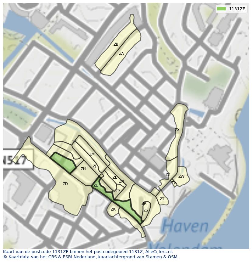 Afbeelding van het postcodegebied 1131 ZE op de kaart.