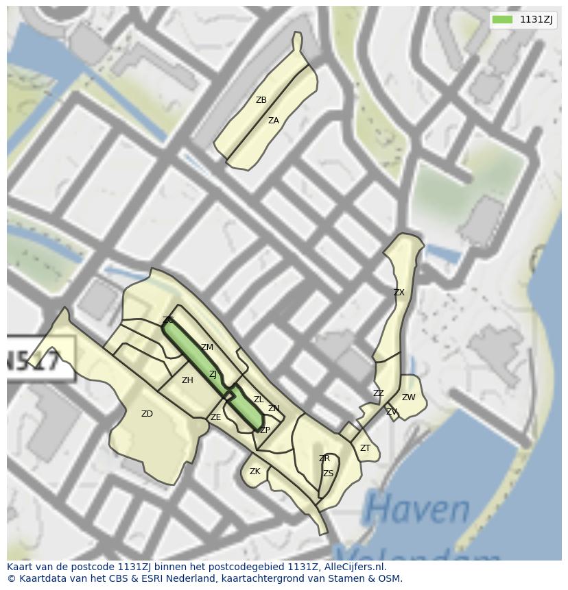 Afbeelding van het postcodegebied 1131 ZJ op de kaart.