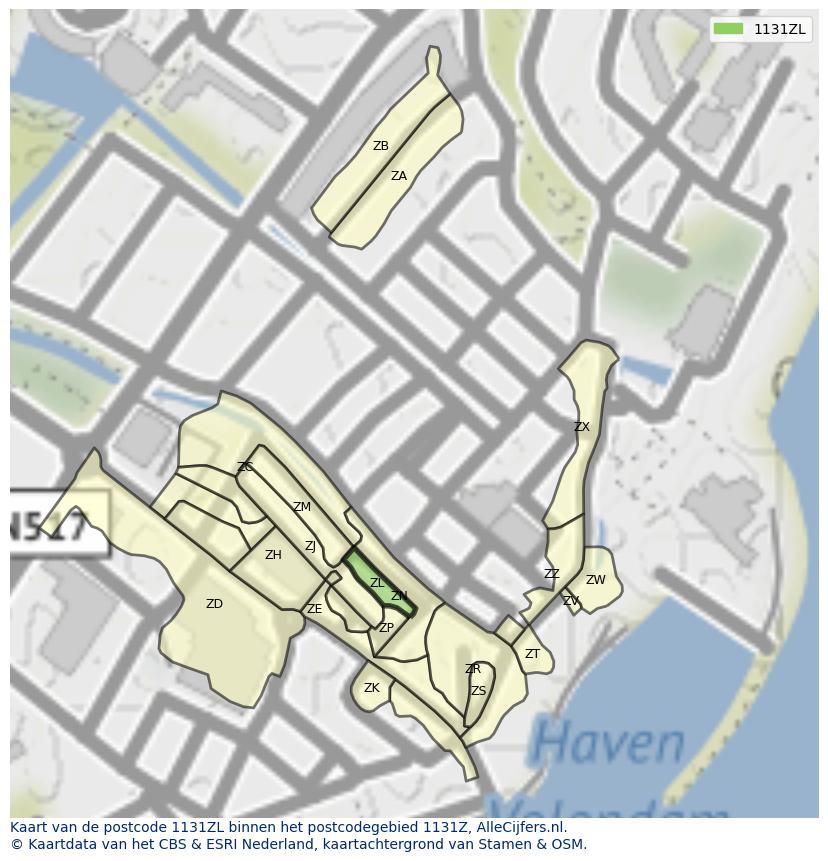 Afbeelding van het postcodegebied 1131 ZL op de kaart.