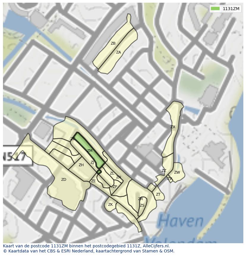 Afbeelding van het postcodegebied 1131 ZM op de kaart.