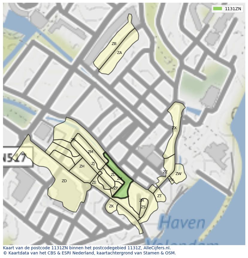 Afbeelding van het postcodegebied 1131 ZN op de kaart.