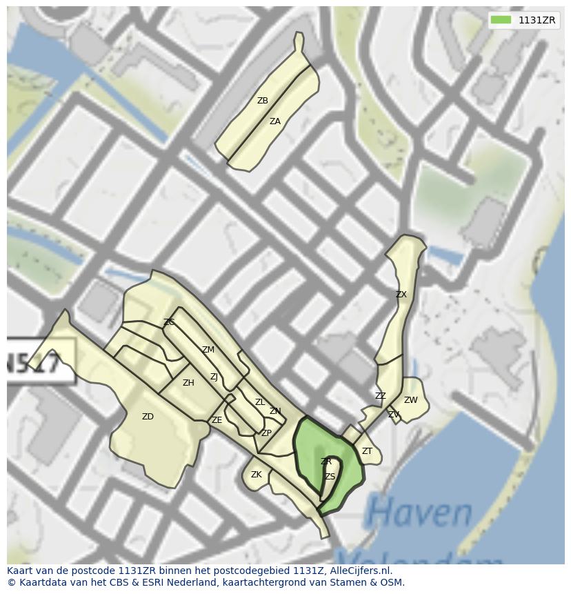 Afbeelding van het postcodegebied 1131 ZR op de kaart.