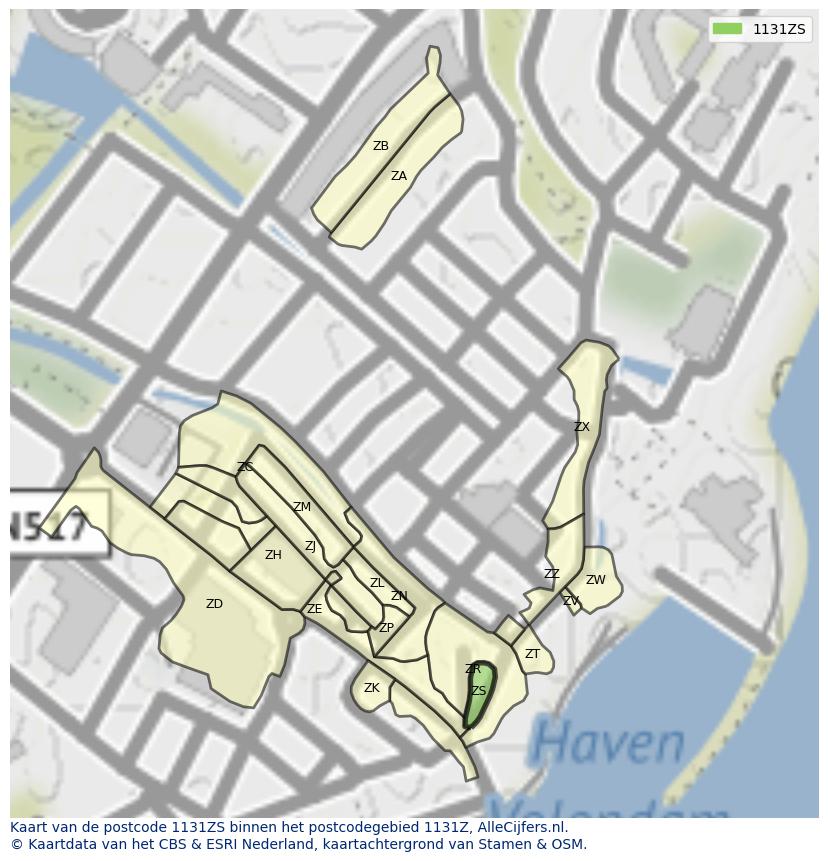Afbeelding van het postcodegebied 1131 ZS op de kaart.