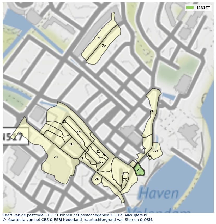 Afbeelding van het postcodegebied 1131 ZT op de kaart.