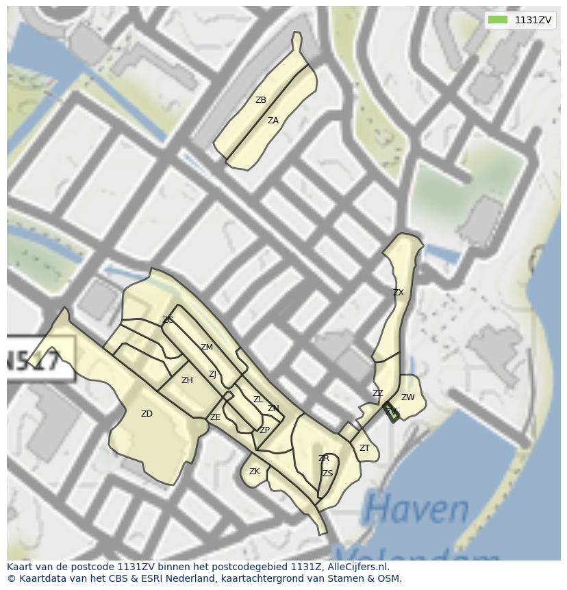 Afbeelding van het postcodegebied 1131 ZV op de kaart.