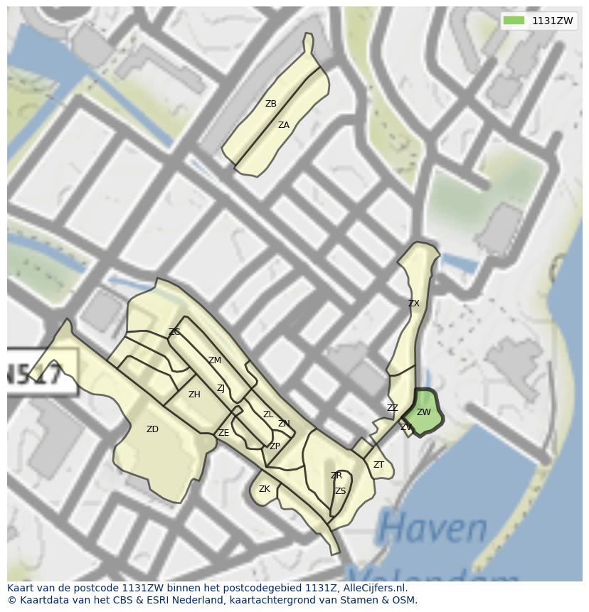 Afbeelding van het postcodegebied 1131 ZW op de kaart.