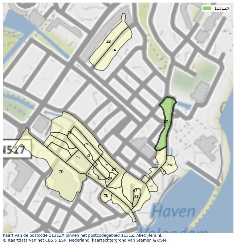 Afbeelding van het postcodegebied 1131 ZX op de kaart.