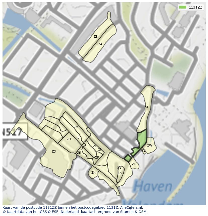 Afbeelding van het postcodegebied 1131 ZZ op de kaart.