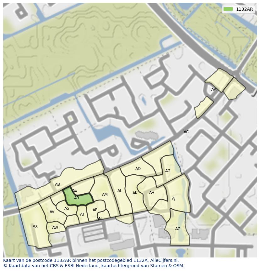 Afbeelding van het postcodegebied 1132 AR op de kaart.