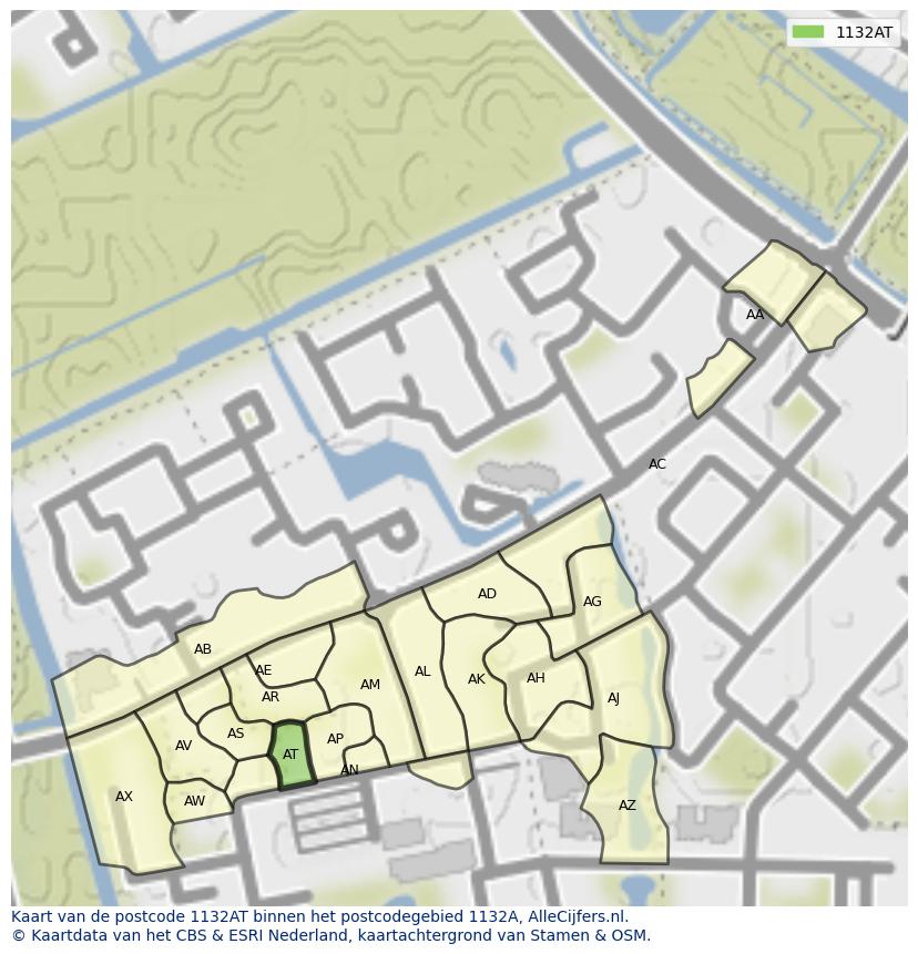 Afbeelding van het postcodegebied 1132 AT op de kaart.
